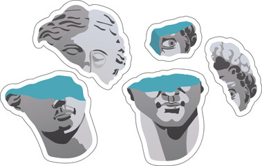 Stickers with cutting on the theme of art culture and sculpture. The destroyed heads of David and Venus de Milo with a bright blue rift. A ready-to-use eps image for your design. For posters stickers