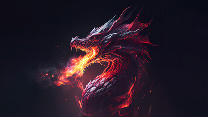 Fire dragon breathing fire. Fantasy illustration character. Black background. Fantasy fire dragon. Generative AI	