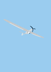 illustration of war drone with camera flying isolated on blue.