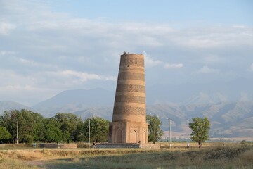 Burana Tower around Tokmok city. Minaret in the Chuya Valley in northern Kyrgyzstan dating from the 11th century.