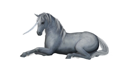 A white unicorn with a curved horn laying down with a transparent background. 