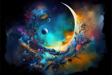 digital art, the moon, crescent, stars, planets, universe, galaxy, abstract, ink, splash, painting