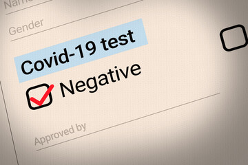 Covid-19 test negative report background with a red check mark inside the box. Coronavirus form or report concept design