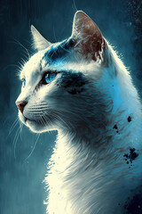 cat portrait, blue and white, oil painting, art illustration