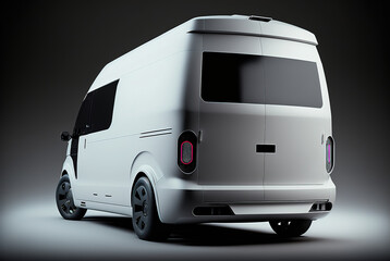 White futuristic cargo van in a dark studio, rear left angle view, tailgate, Generative AI