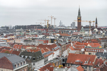 Fototapeta na wymiar Aerial view from Copenhagen from the top of the round tower (Rundetaarn) on an overcast day - Medium 