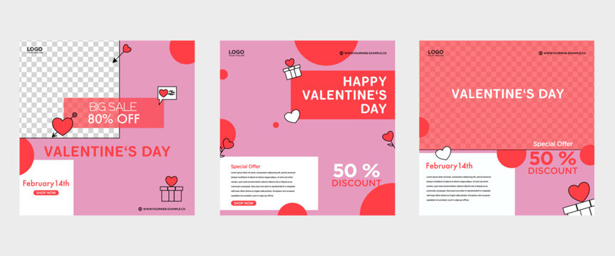 Valentine box banner design template set. Love line red background. Can be used for social media posts, greeting cards, banners and web ads.
