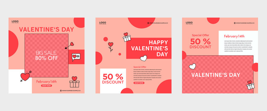 Valentine box banner design template set. Love line red background. Can be used for social media posts, greeting cards, banners and web ads.