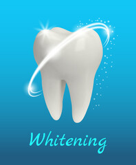 Realistic tooth. 3d teeth whitening. Realistic Healthy tooth with glowing effect.