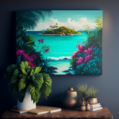 An interior with oil painted picture of a tropical Island and the blue ocean stands against the wall on a wooden table. Art created with Generative AI technology

