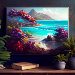 An interior with oil painted picture of a tropical Island and the blue ocean stands against the wall on a wooden table. Art created with Generative AI technology
