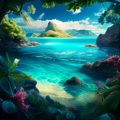 A tropical island.  Gorgeous landscape with flowers and trees,  blue ocean and rocks. Oil painted art created with Generative AI technology
