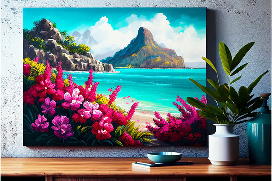 An oil painted picture of a tropical Island and the blue ocean stands against the wall on a wooden table. Art created with Generative AI technology
