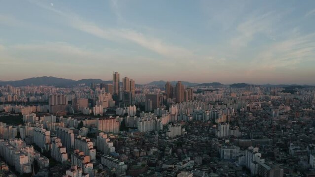 [korea drone footage] Seoul city landscape, Road, Han river, sunset