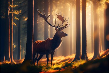 Deer in a sunny forest. Generative AI