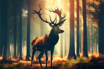Deer in a sunny forest. Generative AI