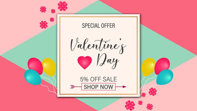 Valentine's Day Sale 5% Off Poster or banner with sweet heart and pink background