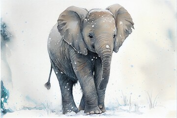 Watercolor illustration of a baby elephant in the snow. Generative AI