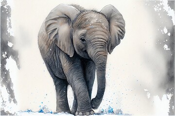 Obraz premium Watercolor illustration of a baby elephant in the snow. Generative AI