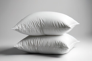 Pillows against a white background, two pillows stacked up on a white backdrop, two white pillows isolated. Generative AI