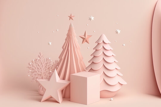 Illustration of a pink podium with an abstract Christmas tree scene, a star, a snowflake, and a present box. Christmas and Happy New Year images for a winter holiday greeting card with a pastel backdr