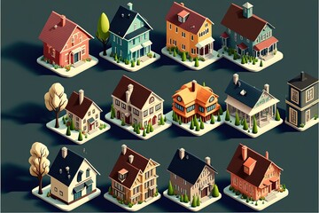 Set of Isolated Isometric Buildings. Generative ai illustration of Various Urban and Rural Houses and Dwellings, Detailed Clip Art.