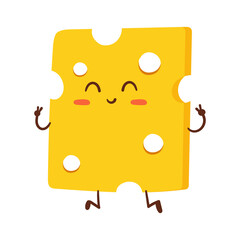 Cute happy cheese character. Funny food emoticon in flat style. Dairy emoji vector illustration
