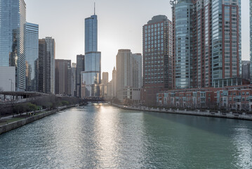 Chicago Cityscape with Skyscraper and Chicago River. William P. Fahey Bridge. Illinois