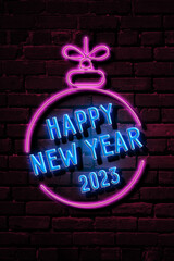2023 neon light number happy new year and colorful bulb light at night design on block wall background, Eps  vector illustration. Vector illustration