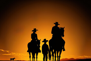 Gaucho family with horse silhouette in the countryside at dusk. Generative AI