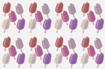 illustration. sweet pattern, a lot of colorful multi-colored popsicle ice cream on a stick in gentle colors on a white background