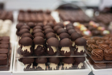 Delicious sweets and cookies made of black and brown chocolate on the festive table