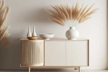 Mockup of a minimalist Japandi style living room interior wall with a light colored wooden console and dried pampas grass decorations on a plain, warm white backdrop. Generative AI