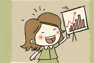 A Joyful Girl with a Graph That Is Rising. Illustration of a Trendy Concept Card Character. Generative AI