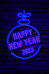 Neon Number 2023 inside the abstract ball Happy  New Year greeting card. Brick wall background. Wireframe light connection structure. Modern 3d graphic. Vector. Vector illustration