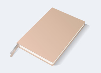 Realistic blank template of beige notebook, mock up diary or book with satin bookmarks. Laptop vector illustration in pastel colors for your cover design or illustration