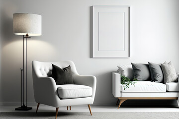 Elegant living room with white boucle armchair, mock up photo frames, carpet, coffee table, lamp, décor, and personal belongings in minimalist composition. Copy space Template. Generative AI