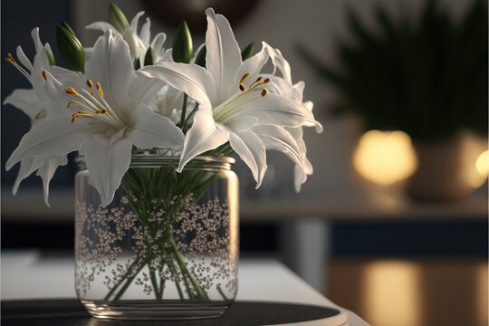 a vase with white flowers on a table in a room with a mirror and a plant in the background. generative ai, generative ai