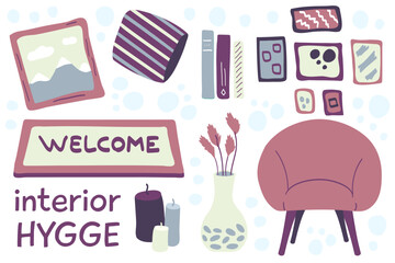 Set of Hygge interior items - an armchair, a houseplant, candles, a carpet Welcome, a striped pillow, a lot of photos, a picture, books. Cozy room, homely atmosphere. Vector illustration © Dynamisa