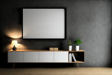 Living room interior wall mockup with cabinet for LED TV on a dark concrete wall. Generative AI