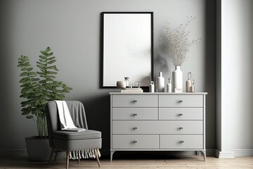 Illustration mockup of a gray home with a dresser and decorations. Generative AI - obrazy, fototapety, plakaty