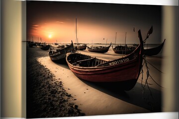 a group of boats sitting on top of a sandy beach at sunset or dawn in the ocean or ocean.