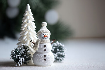 Obraz premium New Year's card with a toy snowman and a bright background that is minimalistic. Generative AI
