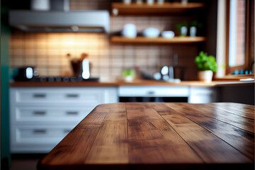 Wood table top on blur kitchen created with Generative Ai