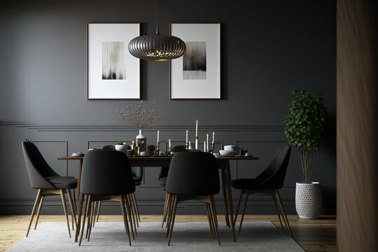 interior of a contemporary, dark dining room, mockup of a gray wall. Generative AI