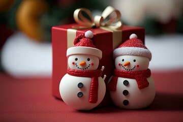 Snowmen ornament with red gift box. Generative AI