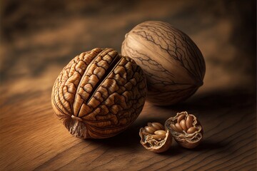 a walnut and a walnut nut on a wooden table with a brown background and a brown background with a few walnuts.