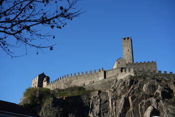 Castelgrande with blue sky, famous UNESCO Castle in Bellinzona, Ticino, Switzerland 