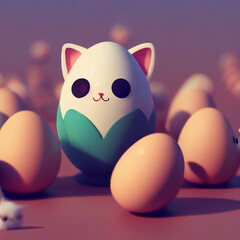 Funny cat with chicken eggs, 3D rendering