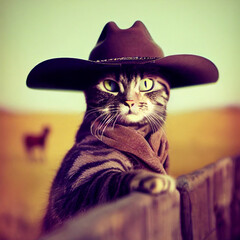 Cowboy cat with hat, western illustration